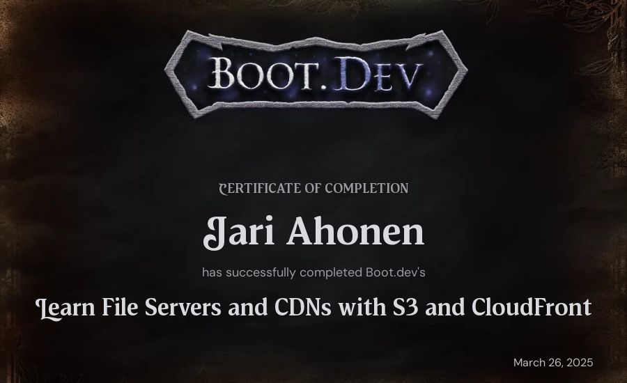 Jari Ahonen's Boot.dev Learn File Servers and CDNs with S3 and CloudFront certificate