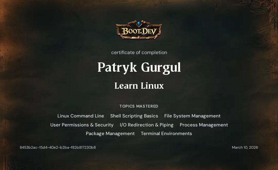 Patryk Gurgul's Boot.dev Learn Linux certificate