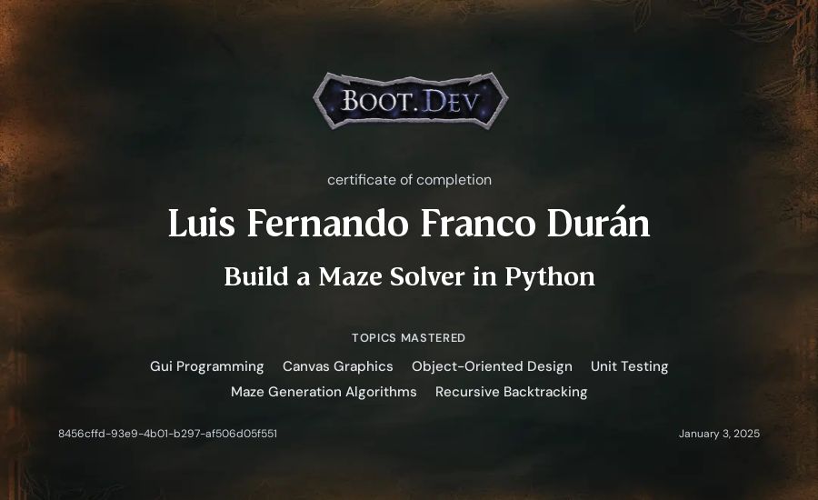 Fernando Franco's Boot.dev Build a Maze Solver in Python certificate