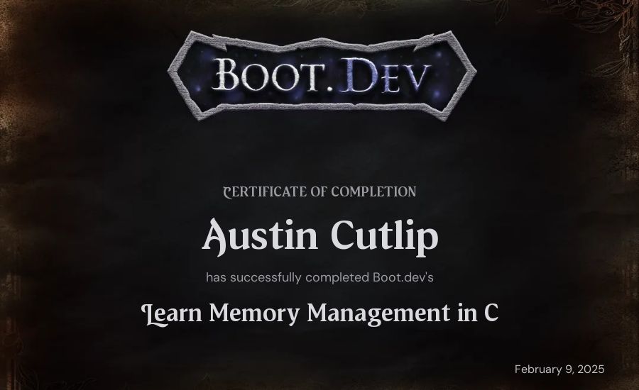 Austin Cutlip's Boot.dev Learn Memory Management in C certificate