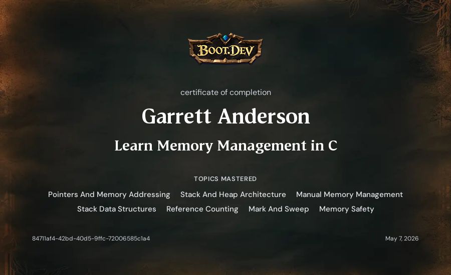 Garrett Anderson's Boot.dev Learn Memory Management in C certificate