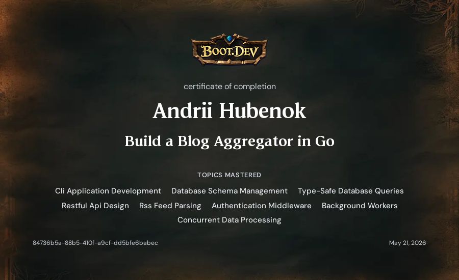 Andrii Hubenok's Boot.dev Build a Blog Aggregator in Go certificate