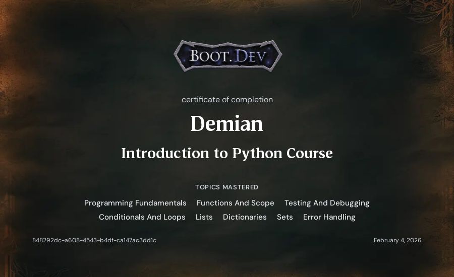 Demian's Boot.dev Introduction to Python Course certificate