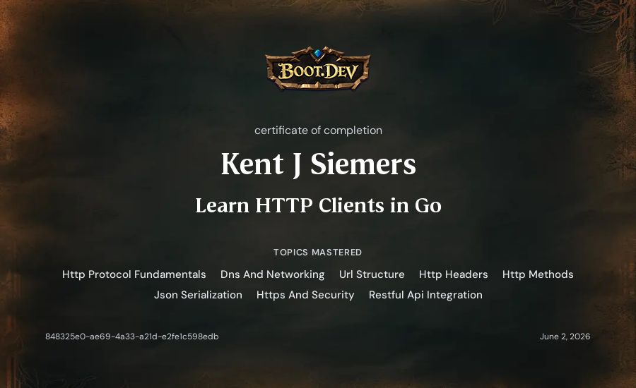Kent J Siemers's Boot.dev Learn HTTP Clients in Go certificate