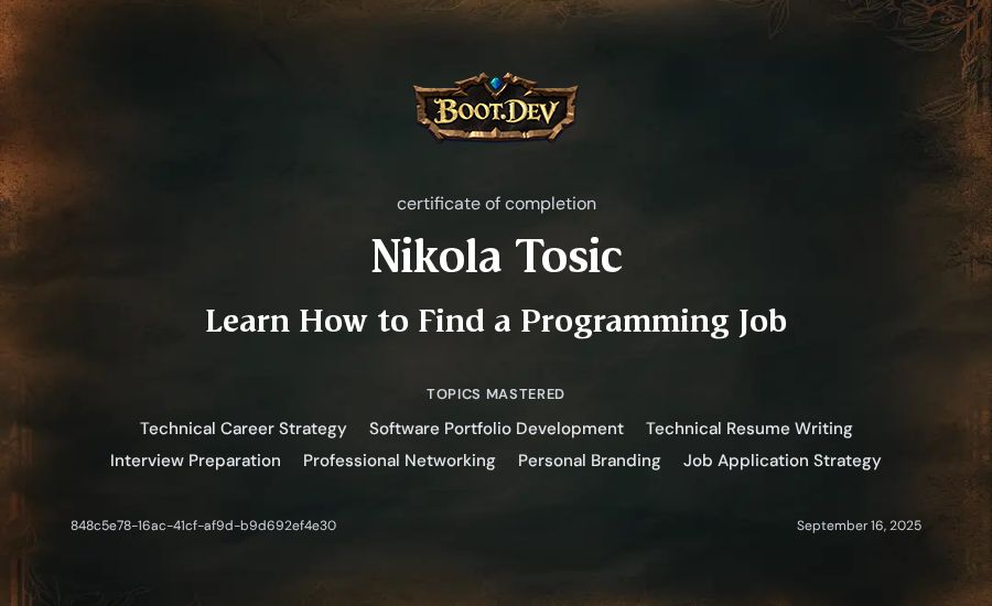Nikola Tosic's Boot.dev Learn How to Find a Programming Job certificate