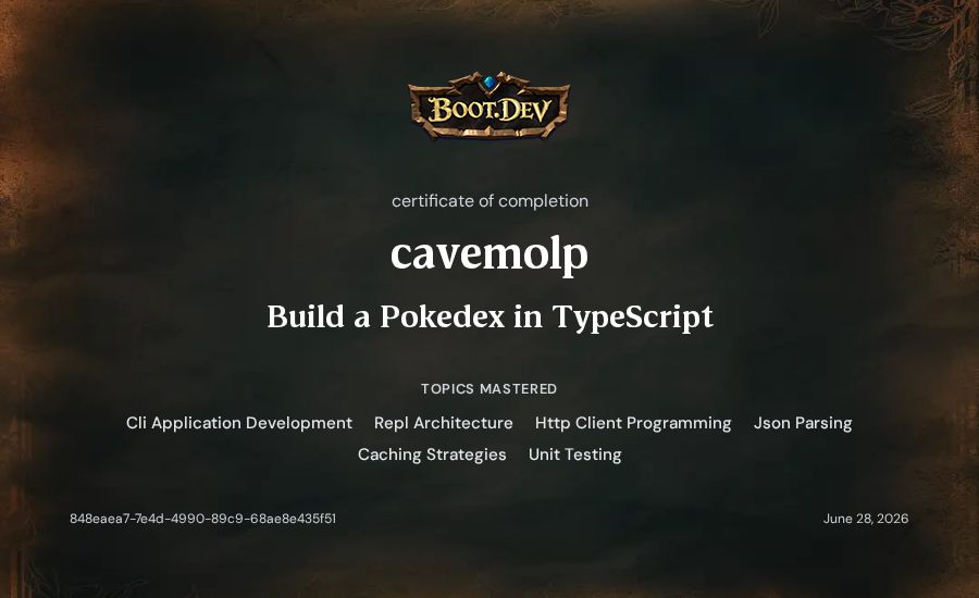 cavemolp's Boot.dev Build a Pokedex in TypeScript certificate
