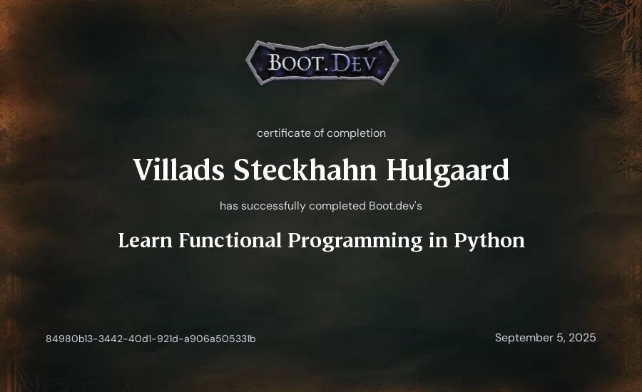 Villads Steckhahn Hulgaard's Boot.dev Learn Functional Programming in Python certificate