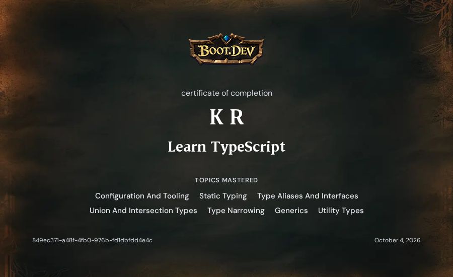 K R's Boot.dev Learn TypeScript certificate