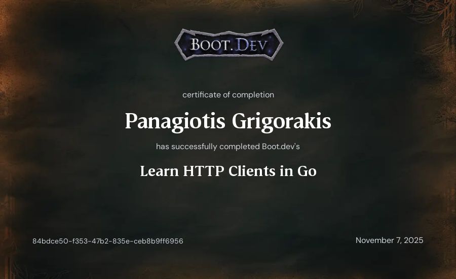 Panagiotis Grigorakis's Boot.dev Learn HTTP Clients in Go certificate