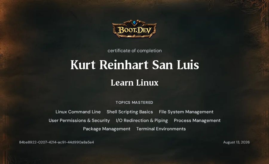 Kurt Reinhart San Luis's Boot.dev Learn Linux certificate