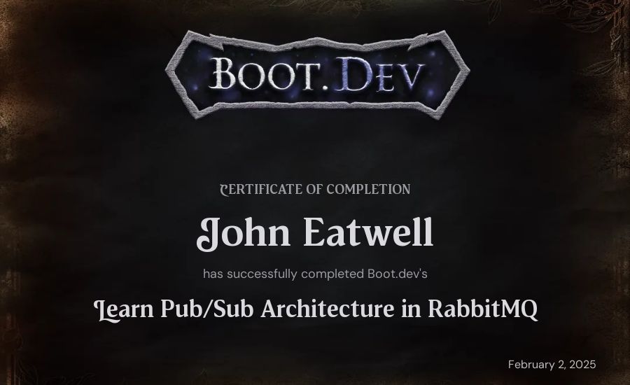 John Eatwell's Boot.dev Learn Pub/Sub in RabbitMQ and Go certificate