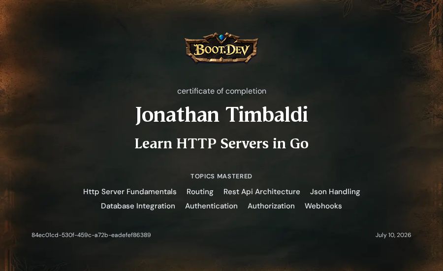 Jonathan Timbaldi's Boot.dev Learn HTTP Servers in Go certificate