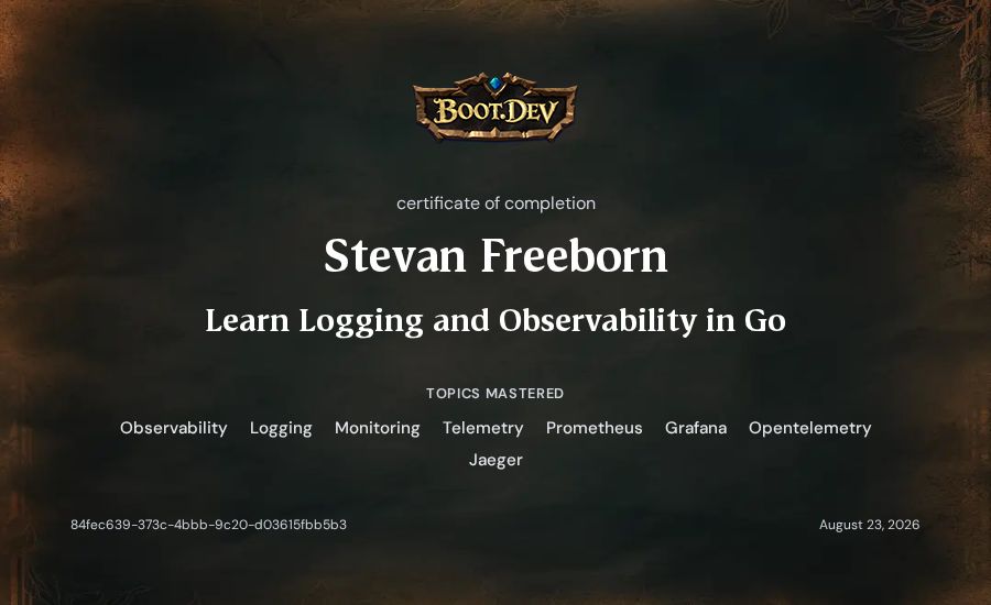 Stevan Freeborn's Boot.dev Learn Logging and Observability in Go certificate