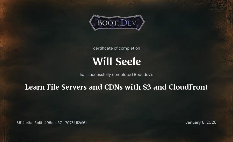 Will Seele's Boot.dev Learn File Servers and CDNs with S3 and CloudFront certificate