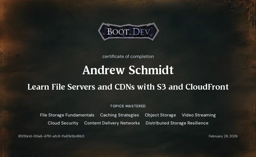 Andrew Schmidt's Boot.dev Learn File Servers and CDNs with S3 and CloudFront certificate