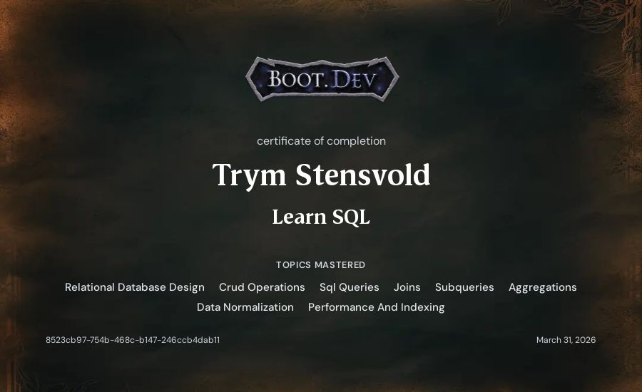 Trym Stensvold's Boot.dev Learn SQL certificate