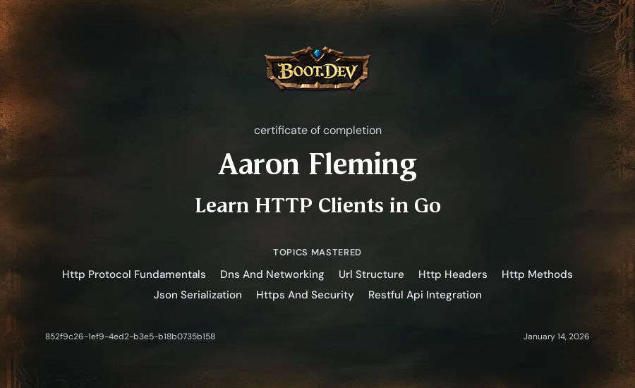 Aaron Fleming's Boot.dev Learn HTTP Clients in Go certificate