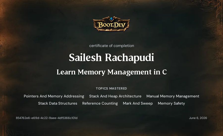 Sailesh Rachapudi's Boot.dev Learn Memory Management in C certificate