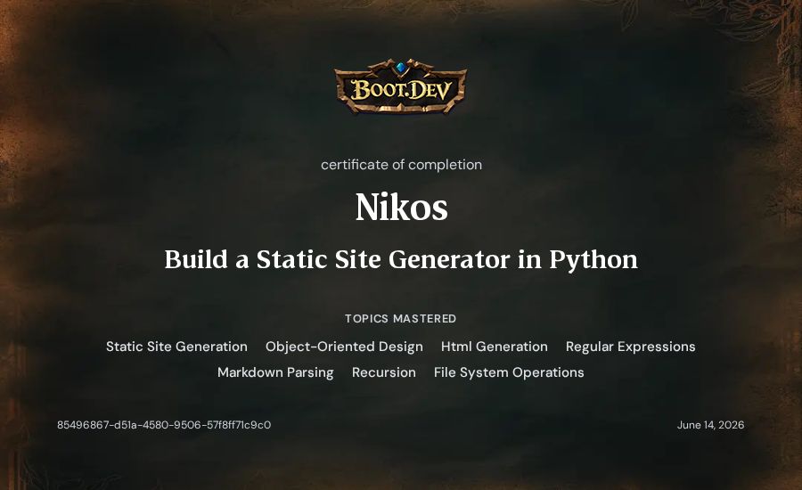Nikos's Boot.dev Build a Static Site Generator in Python certificate