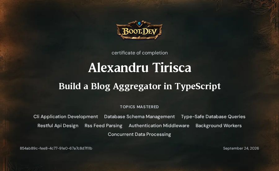 Alexandru Tirisca's Boot.dev Build a Blog Aggregator in TypeScript certificate