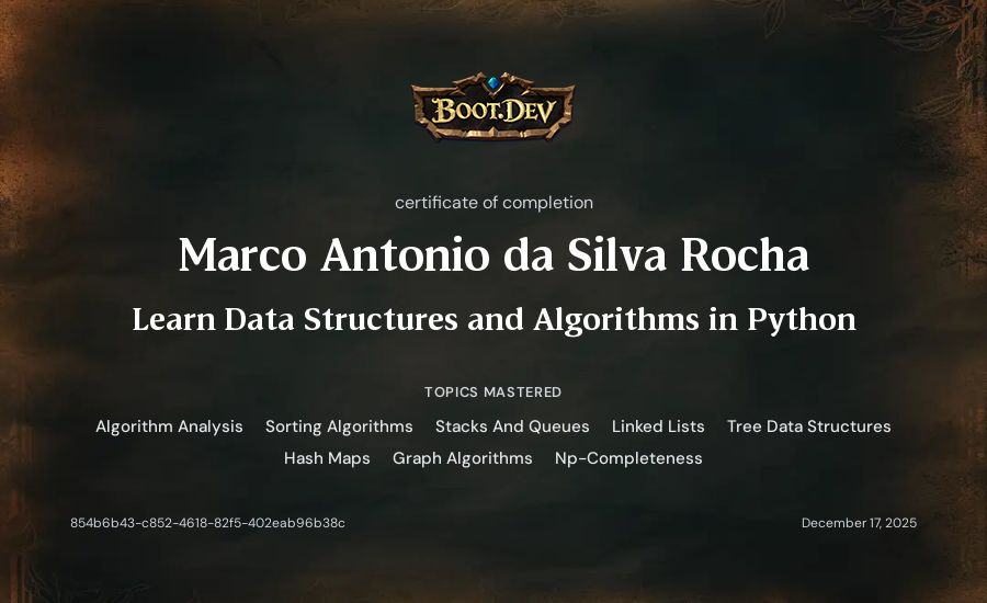 Marco Antonio da Silva Rocha's Boot.dev Learn Data Structures and Algorithms in Python certificate
