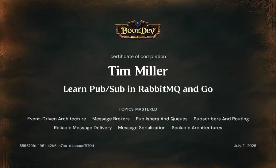 Tim Miller's Boot.dev Learn Pub/Sub in RabbitMQ and Go certificate