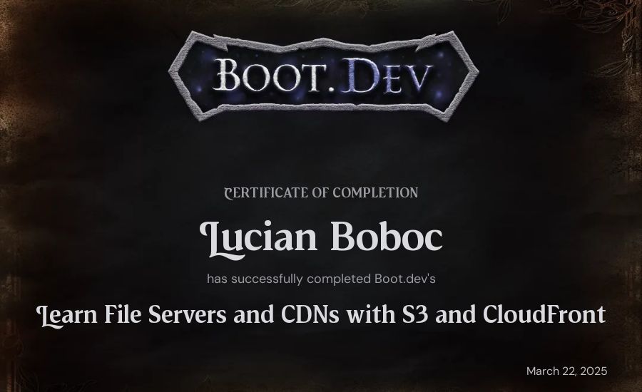 Lucian Boboc's Boot.dev Learn File Servers and CDNs with S3 and CloudFront certificate