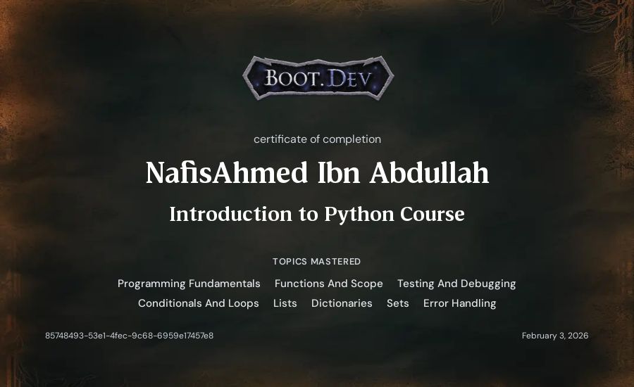 NafisAhmed Ibn Abdullah's Boot.dev Introduction to Python Course certificate
