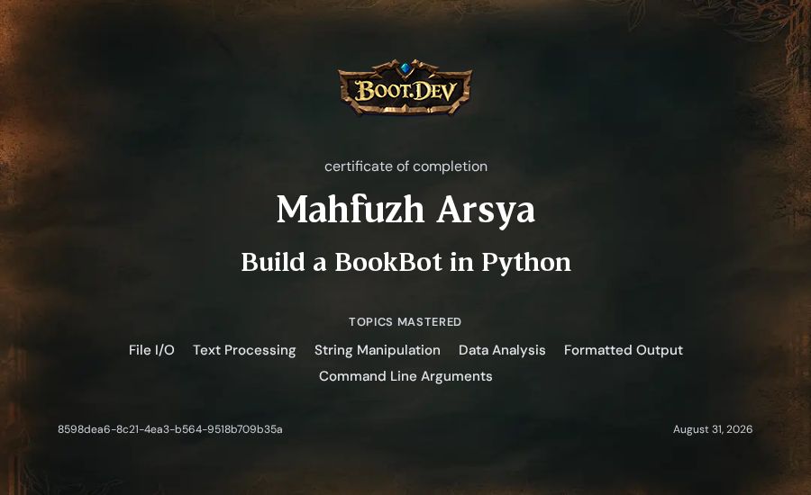 Mahfuzh Arsya's Boot.dev Build a BookBot in Python certificate
