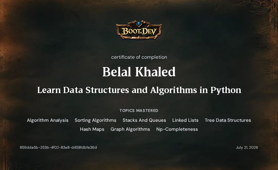 Belal Khaled's Boot.dev Learn Data Structures and Algorithms in Python certificate