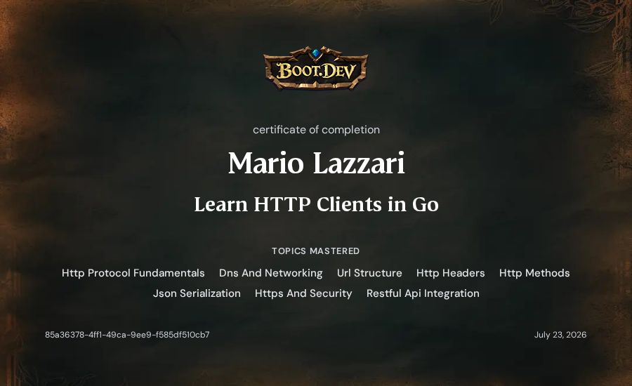 Mario Lazzari's Boot.dev Learn HTTP Clients in Go certificate