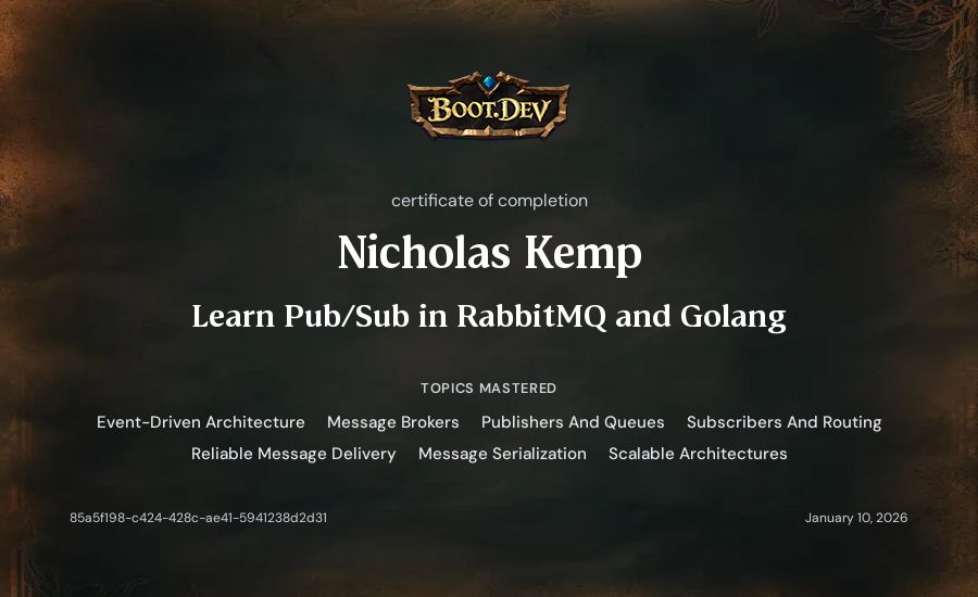 Nicholas Kemp's Boot.dev Learn Pub/Sub in RabbitMQ and Go certificate