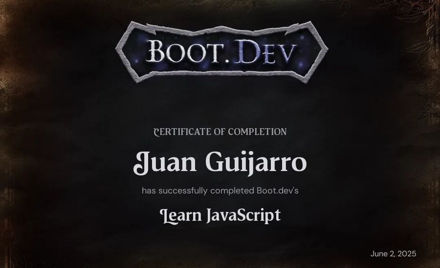 Juan Guijarro's Boot.dev Learn JavaScript certificate