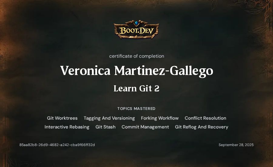 Veronica Martinez-Gallego's Boot.dev Learn Git 2 certificate