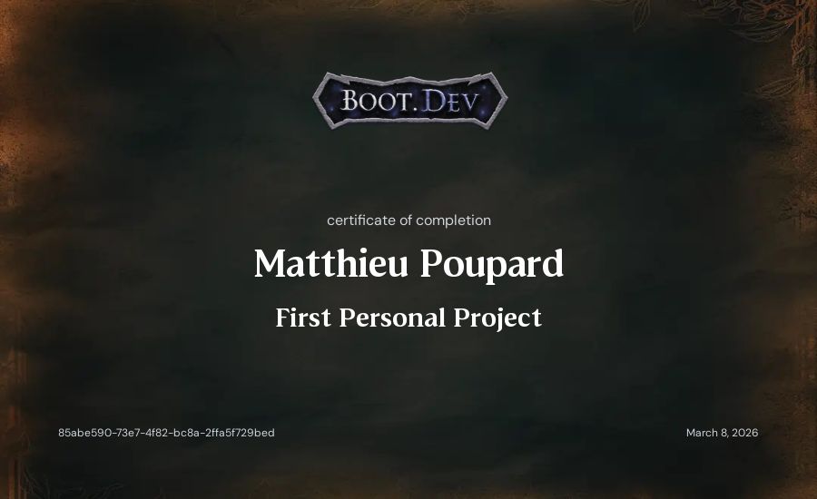 Matthieu Poupard's Boot.dev First Personal Project certificate