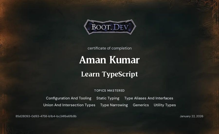 Aman Kumar's Boot.dev Learn TypeScript certificate
