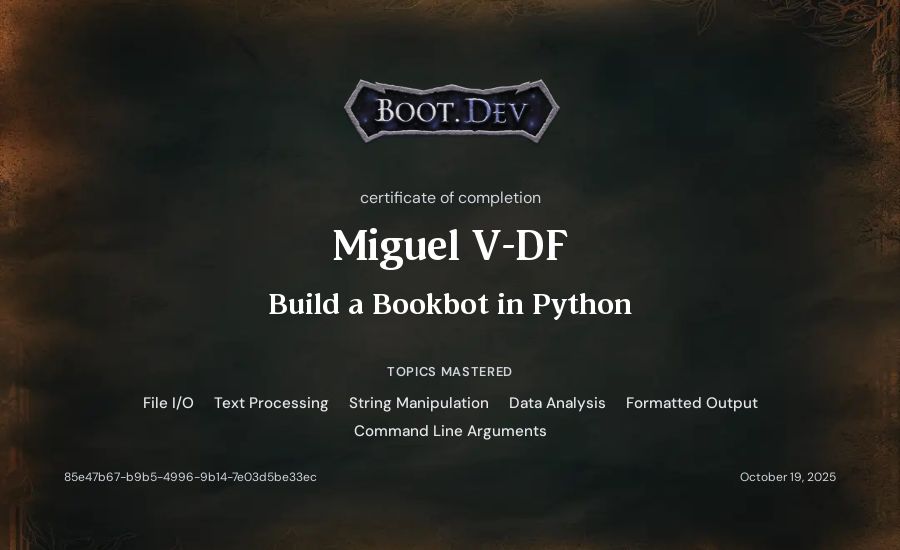 Miguel Vitta's Boot.dev Build a BookBot in Python certificate