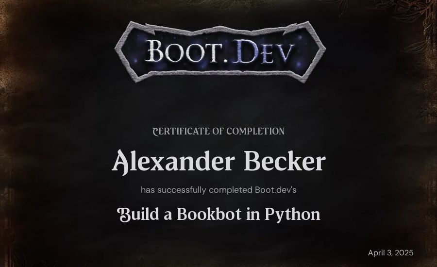 Alexander Becker's Boot.dev Build a BookBot in Python certificate