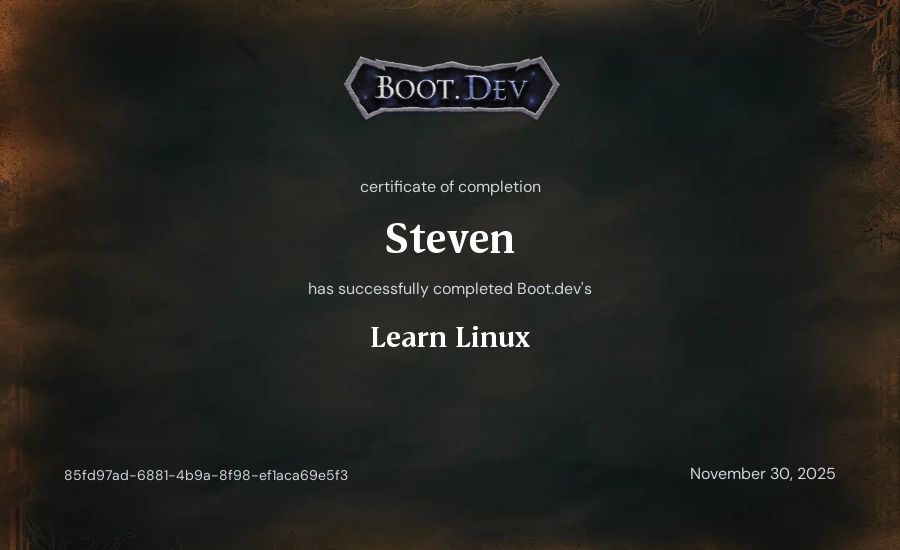Steven's Boot.dev Learn Linux certificate