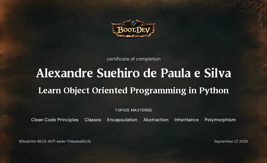 Alexandre Suehiro de Paula e Silva's Boot.dev Learn Object Oriented Programming in Python certificate