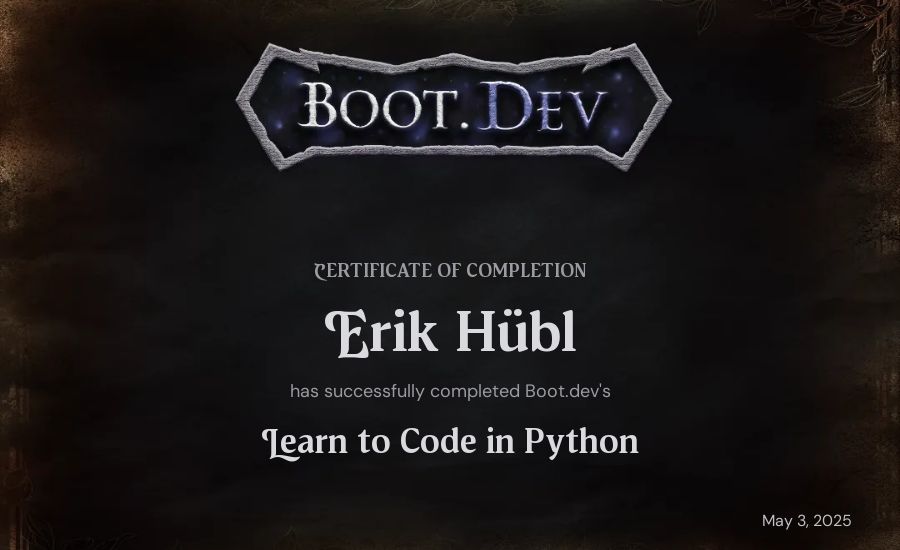 Erik Hübl's Boot.dev Introduction to Python Course certificate