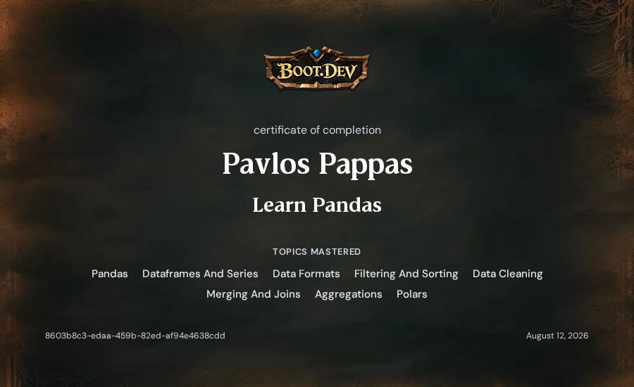 Pavlos Pappas's Boot.dev Learn Pandas certificate