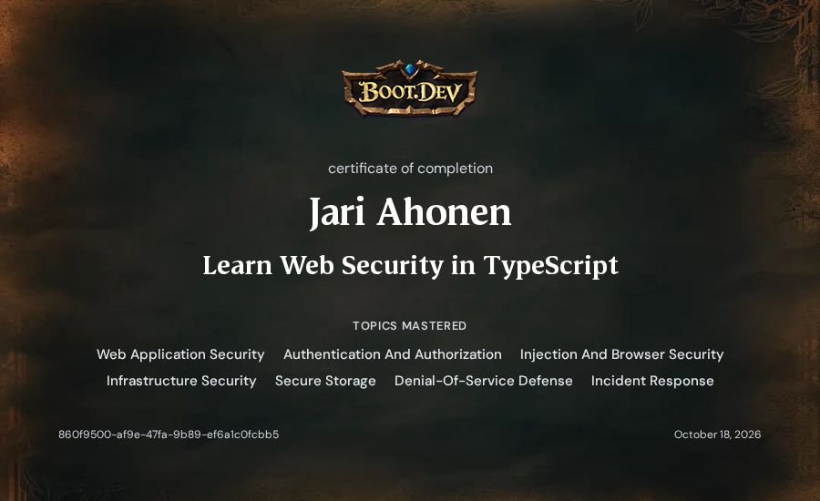 Jari Ahonen's Boot.dev Learn Web Security in TypeScript certificate