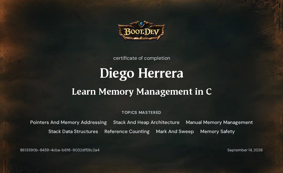 Diego Herrera's Boot.dev Learn Memory Management in C certificate