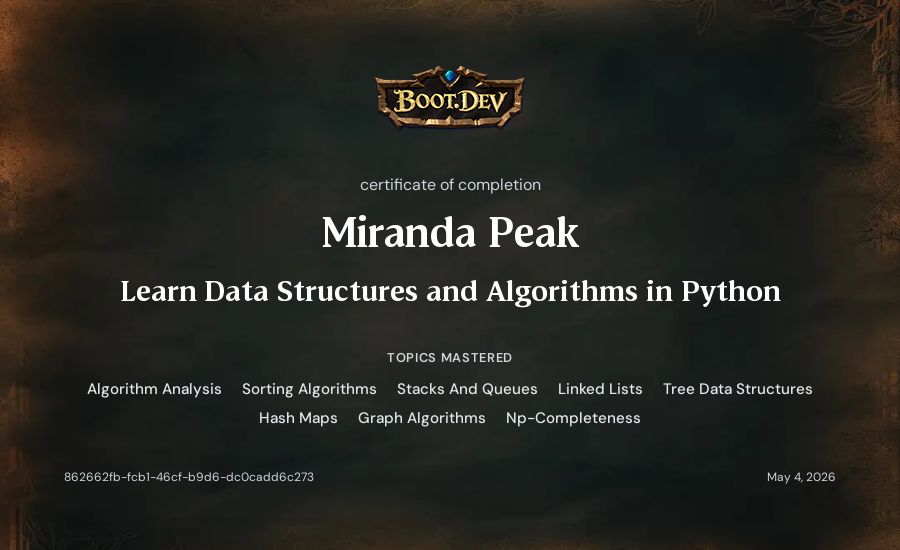 Miranda Peak's Boot.dev Learn Data Structures and Algorithms in Python certificate