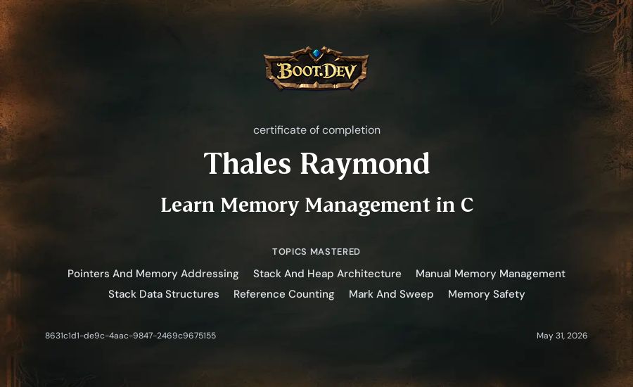 Thales Raymond's Boot.dev Learn Memory Management in C certificate