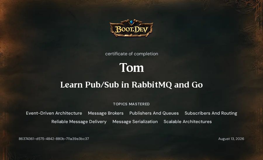 Tom's Boot.dev Learn Pub/Sub in RabbitMQ and Go certificate