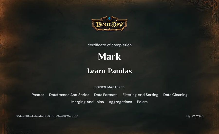Mark's Boot.dev Learn Pandas certificate