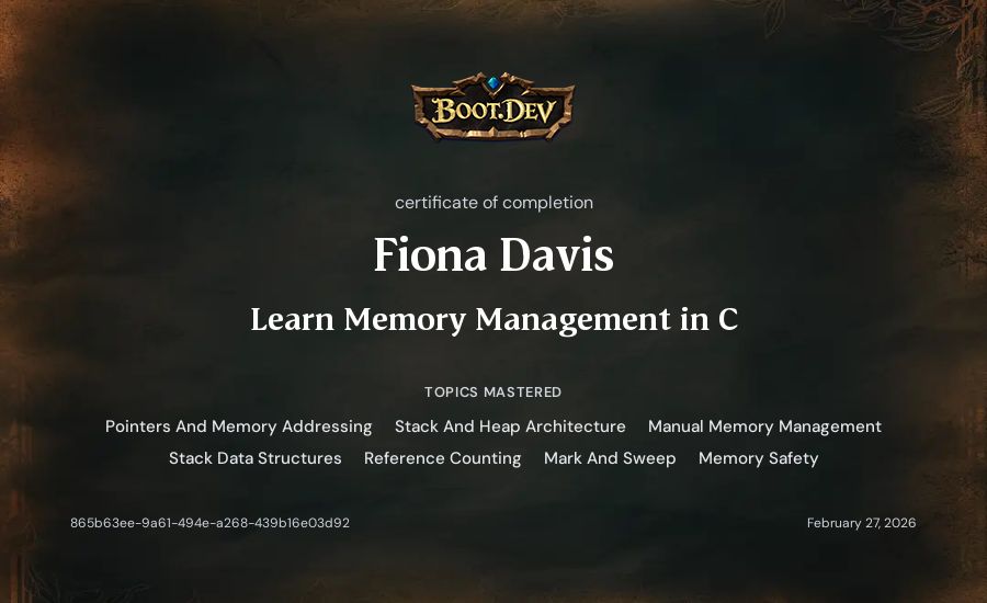 Fiona Davis's Boot.dev Learn Memory Management in C certificate