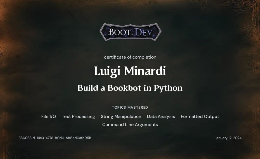 Luigi Minardi's Boot.dev Build a BookBot in Python certificate
